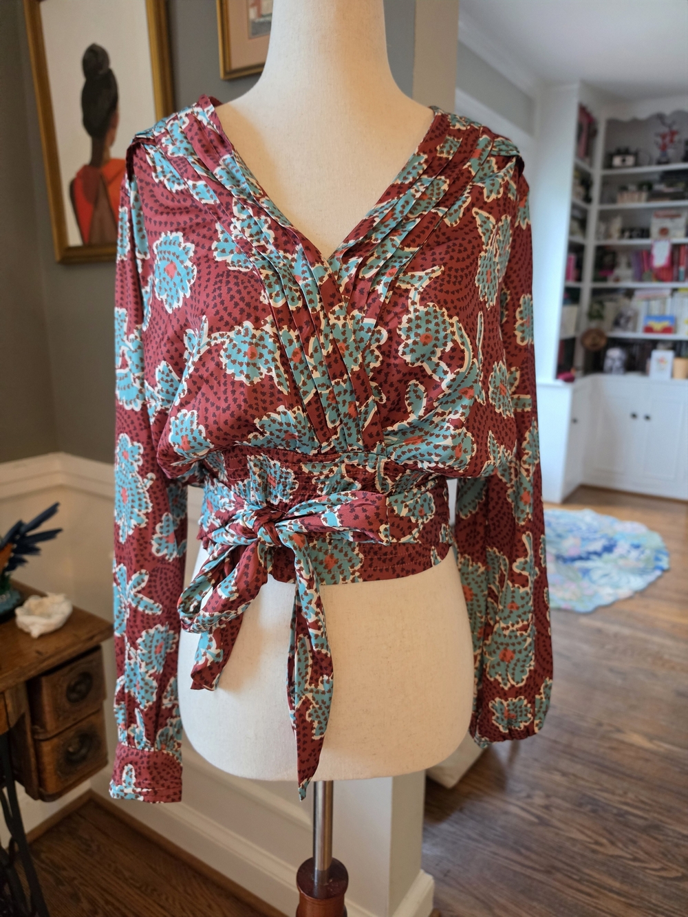 Floral Wrap Blouse - Teal & Burgundy